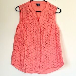 Basic Editions Coral Sleeveless Eyelet V-Neck Button Down Blouse - Medium